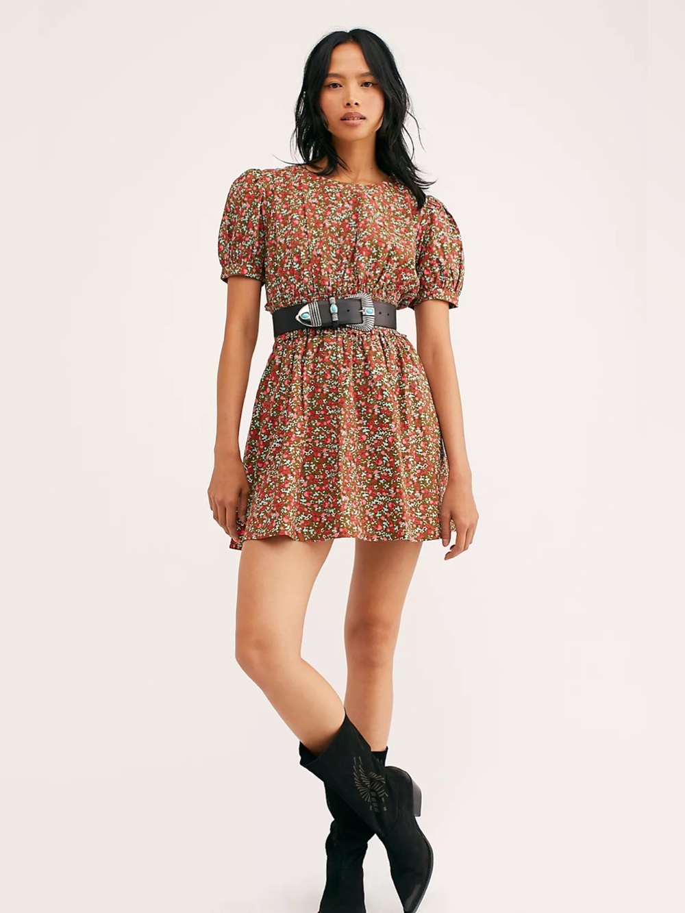 Free People Pennie Mini Dress Womens Floral Smocked Waist Puff Sleeve Spring